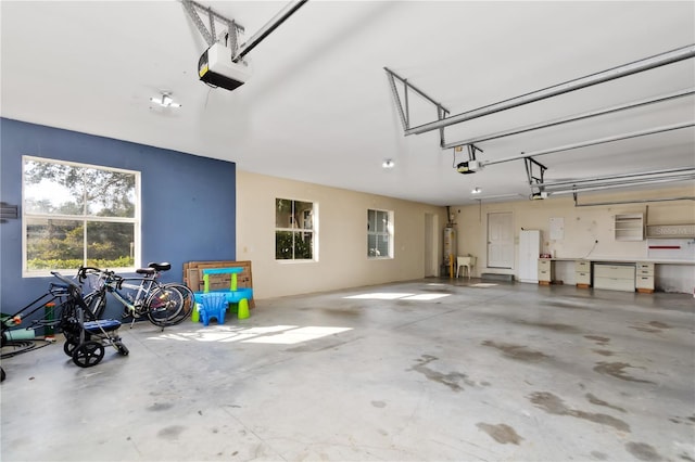 garage with a garage door opener and gas water heater