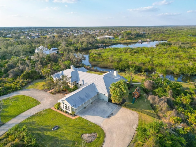 aerial view featuring a water view