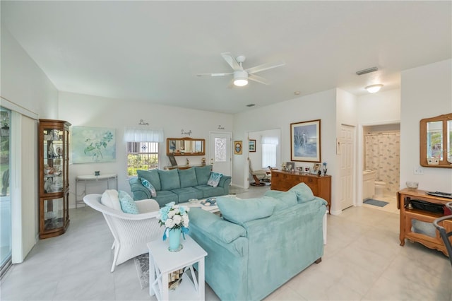 living room featuring ceiling fan