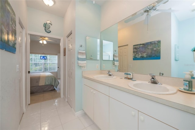 bathroom with vanity, tile patterned floors, and ceiling fan