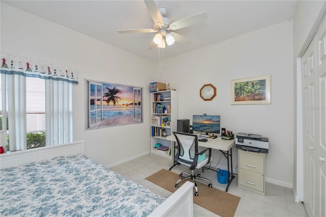 bedroom featuring ceiling fan and a closet