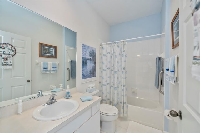 full bathroom with shower / bath combo, vanity, tile patterned floors, and toilet