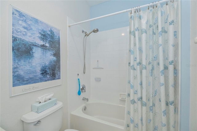 bathroom featuring shower / bathtub combination with curtain and toilet