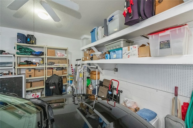 storage room featuring ceiling fan