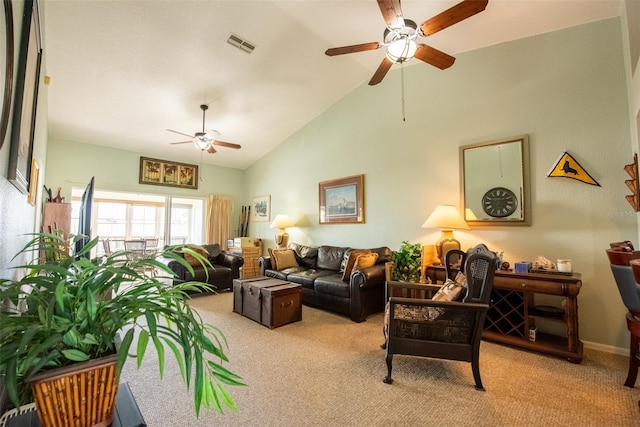 living room with light carpet, high vaulted ceiling, and ceiling fan