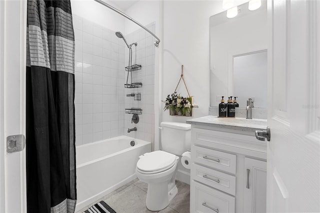 full bathroom featuring tile patterned flooring, vanity, shower / bathtub combination with curtain, and toilet