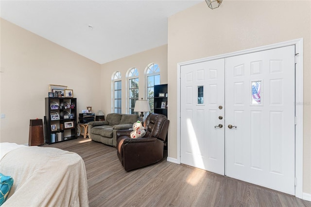 entrance foyer featuring lofted ceiling and light hardwood / wood-style flooring