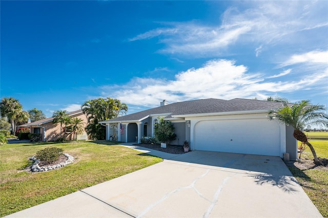 ranch-style house featuring a garage and a front lawn