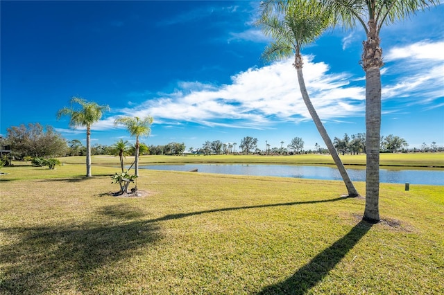 view of property's community featuring a water view and a lawn