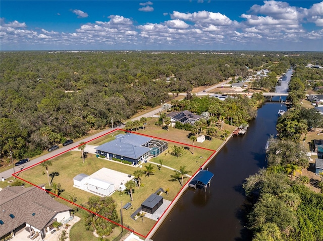 bird's eye view with a water view and a forest view