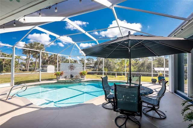 pool with a lanai, a storage shed, an outdoor structure, a lawn, and a patio area