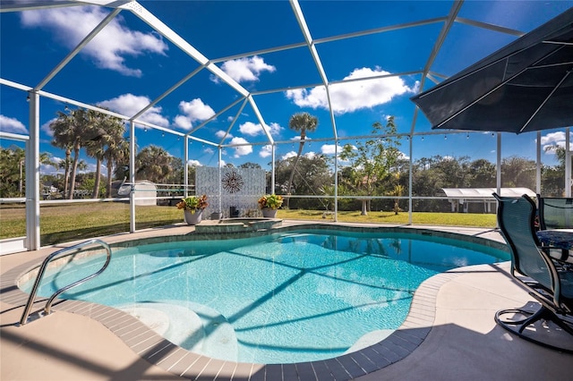 pool featuring an in ground hot tub, a patio, a lanai, and a lawn