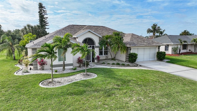 ranch-style home with a garage and a front lawn