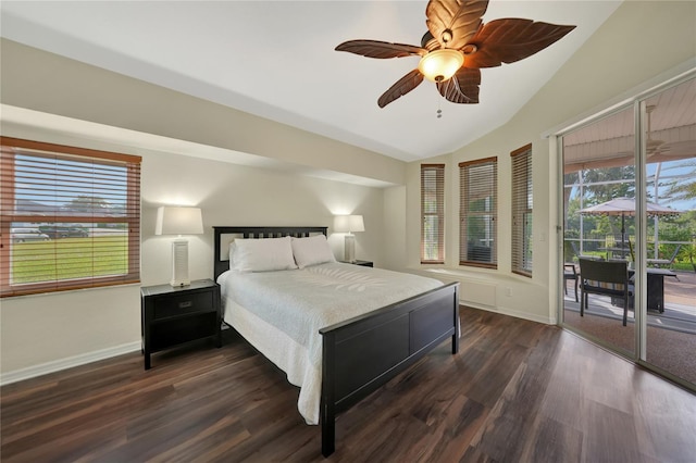 bedroom featuring ceiling fan, dark hardwood / wood-style flooring, vaulted ceiling, and access to outside