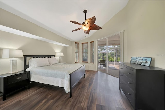 bedroom with dark hardwood / wood-style flooring, access to exterior, vaulted ceiling, and ceiling fan