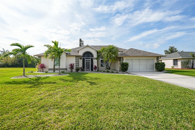 ranch-style home featuring a garage and a front lawn