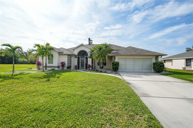 ranch-style home with a garage and a front yard