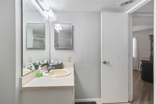 bathroom with vanity, wood-type flooring, and a textured ceiling