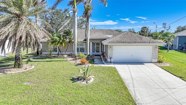 ranch-style house featuring a garage and a front yard