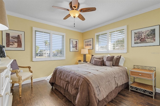 bedroom with crown molding, a textured ceiling, ceiling fan, and dark hardwood / wood-style flooring