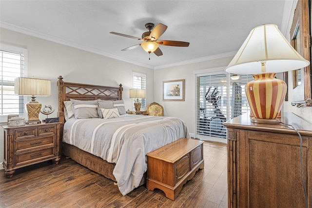 bedroom with dark wood-type flooring, ornamental molding, ceiling fan, and access to outside