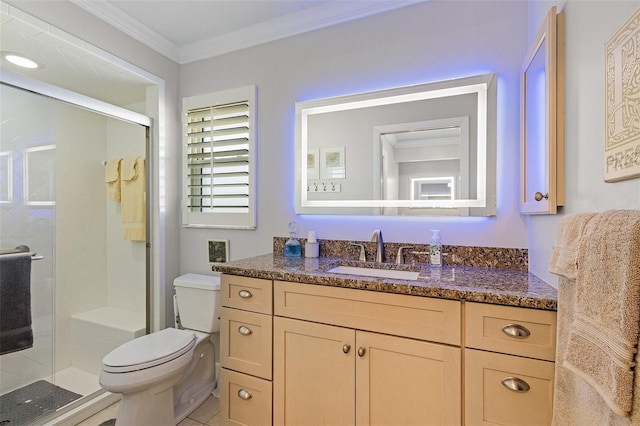 bathroom with crown molding, walk in shower, vanity, and toilet