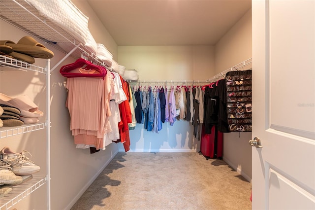 walk in closet featuring light carpet