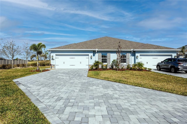 ranch-style home featuring a garage and a front yard