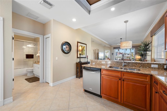 kitchen with sink, light stone counters, decorative light fixtures, ornamental molding, and dishwasher