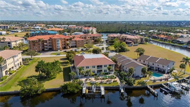 drone / aerial view featuring a water view