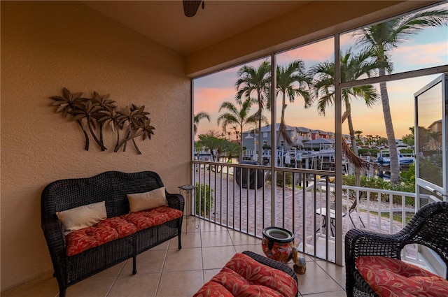 view of balcony at dusk