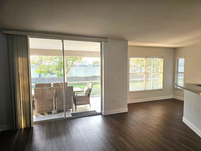 interior space featuring dark hardwood / wood-style flooring, a textured ceiling, and a wealth of natural light