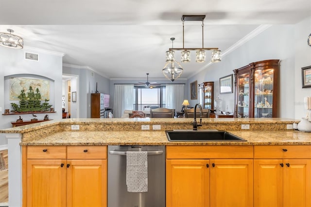 kitchen with sink, ornamental molding, stainless steel dishwasher, and light stone countertops