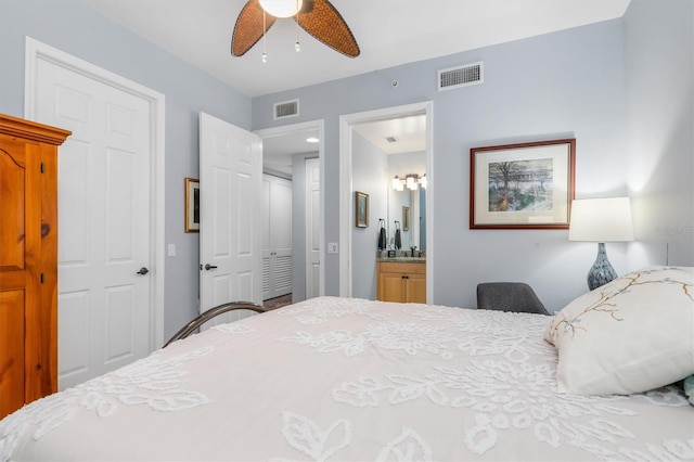 bedroom with connected bathroom and ceiling fan