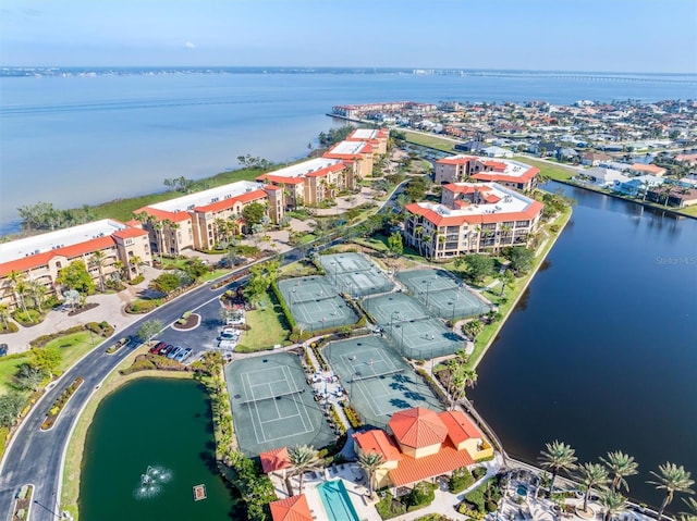 drone / aerial view with a water view