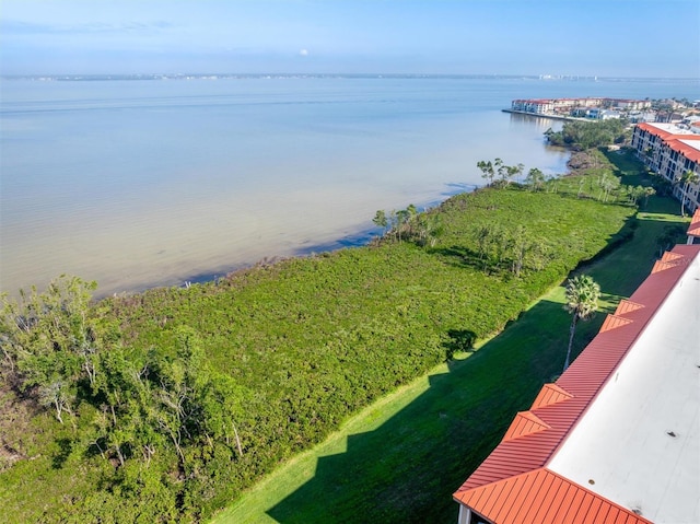 drone / aerial view with a water view