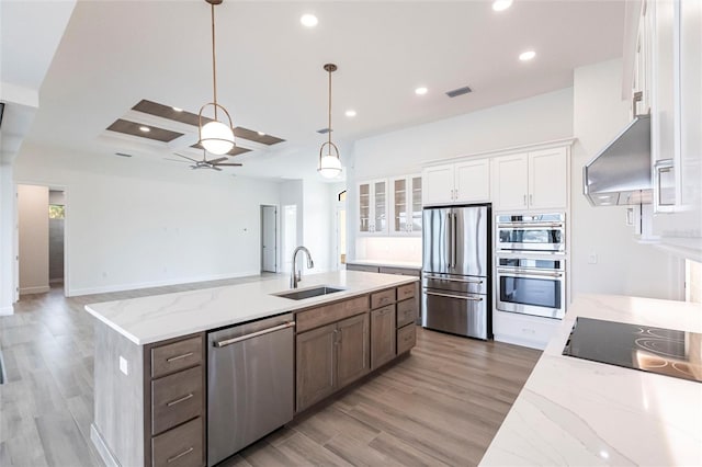 kitchen with sink, white cabinetry, ventilation hood, an island with sink, and stainless steel appliances