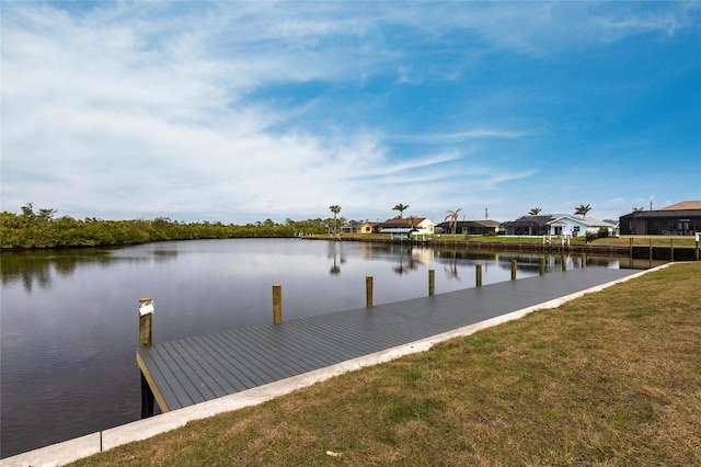 dock area with a water view and a yard