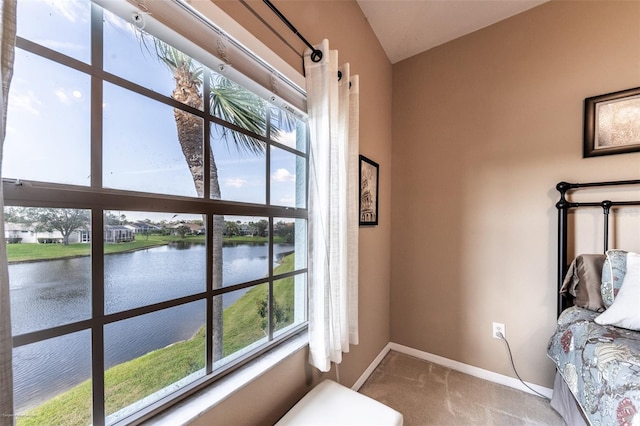 bedroom featuring a water view and carpet floors