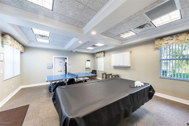 playroom with crown molding, beam ceiling, carpet, coffered ceiling, and pool table