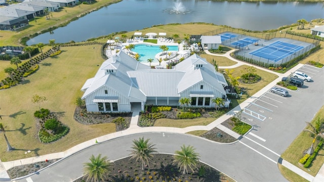 drone / aerial view featuring a water view