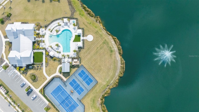 bird's eye view with a water view