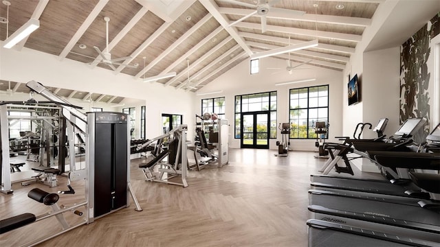 gym with high vaulted ceiling, parquet flooring, ceiling fan, and wood ceiling