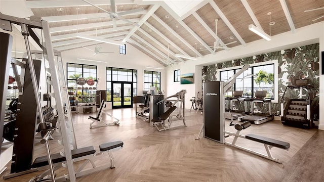 gym featuring french doors, parquet floors, wood ceiling, ceiling fan, and high vaulted ceiling