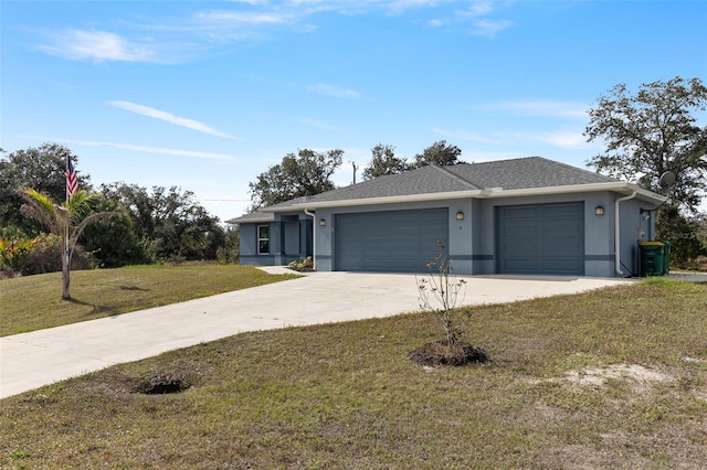 ranch-style house with a garage and a front lawn