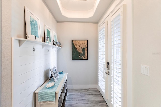 mudroom with a wealth of natural light, light wood-type flooring, and a tray ceiling