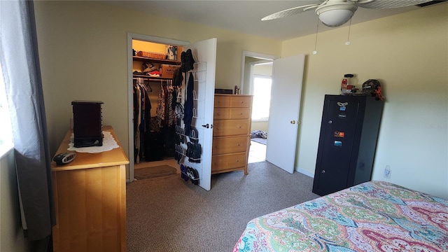 bedroom with a walk in closet, a closet, and ceiling fan