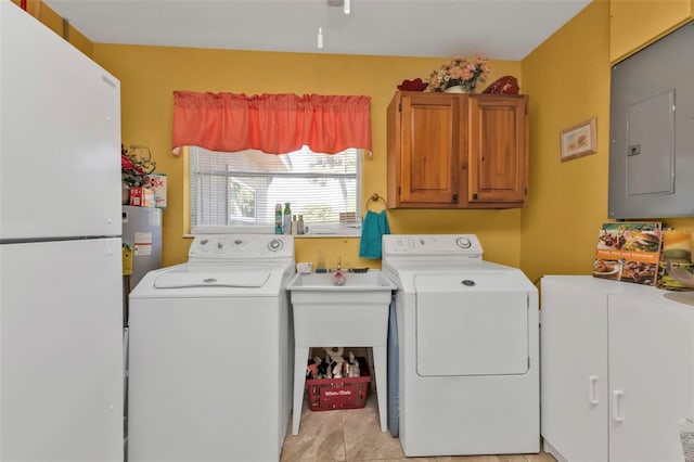 laundry area featuring cabinets, electric water heater, electric panel, and washer and clothes dryer