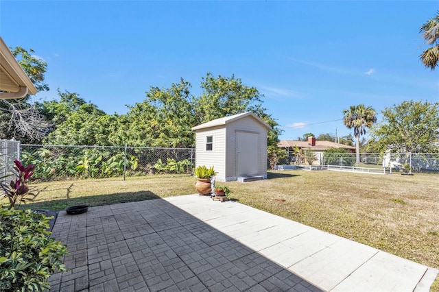 view of patio with a storage shed