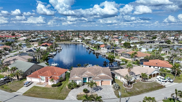 drone / aerial view featuring a water view